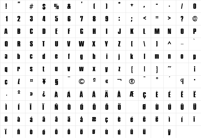 PlaketteFour Regular  glyph index