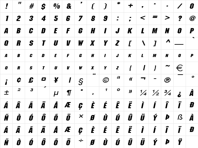 BlockWide BoldItalic  glyph index