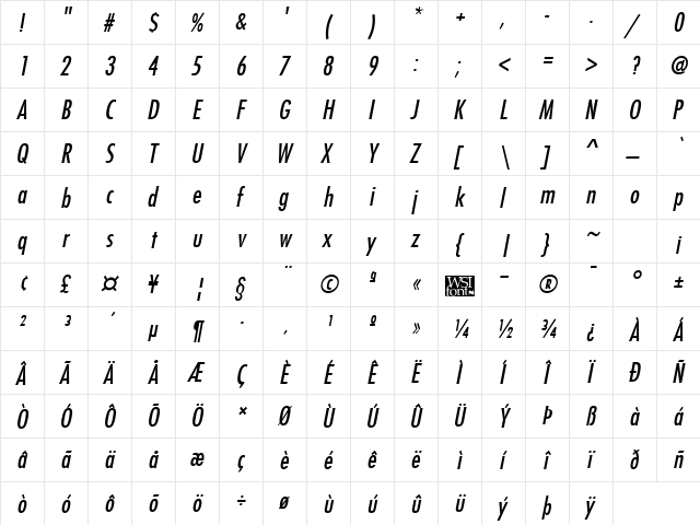 FuturistCondensed Italic  glyph index