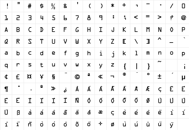 OCRATTRegular Regular  glyph index