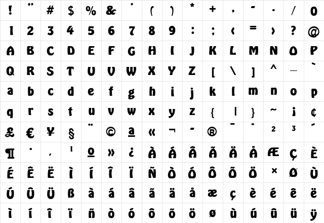 MaggieBecker Bold  glyph index