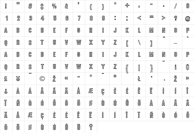 BoldSansOutline Regular  glyph index