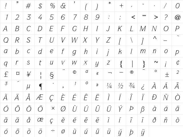 ITCSymbol-Book BookItalic  glyph index