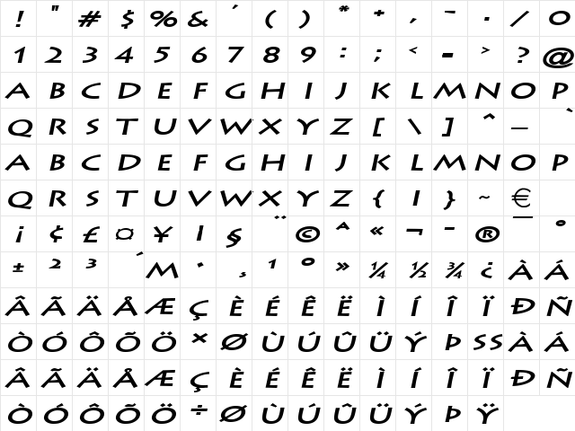 ListeExtended BoldItalic  glyph index