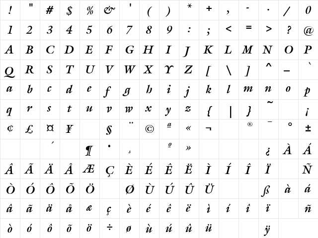 Galliard EF Bold Italic Regular  glyph index