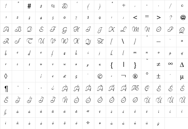 BernhardScript Regular  glyph index