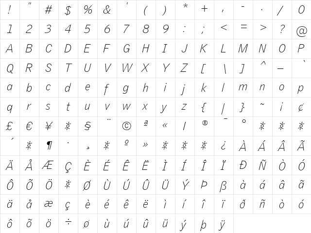 GriffithGothic Thin Italic  glyph index