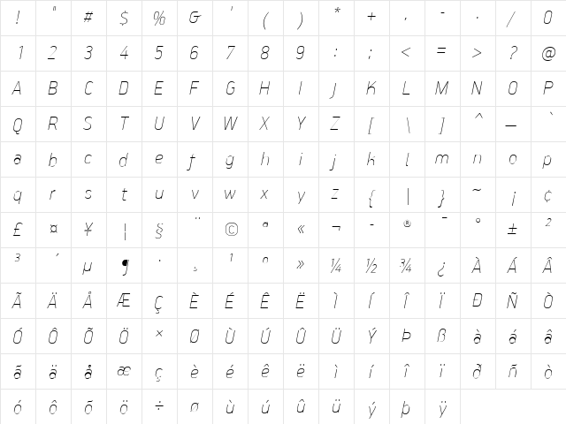 PF Handbook Pro Extra Thin Italic  glyph index