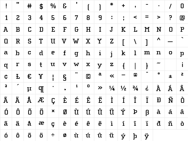 ChollaSlabBold Bold  glyph index