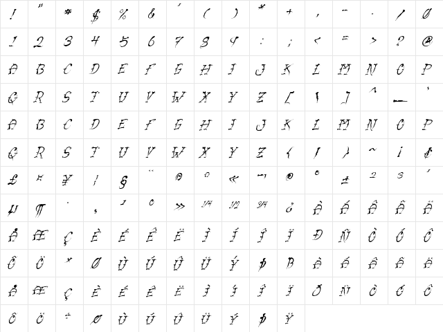 VTC-SumiSlasherOne Italic  glyph index