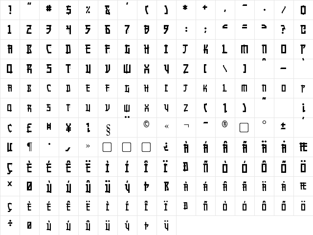 Manga Regular  glyph index