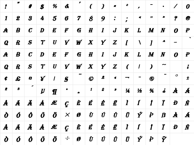 Tangiers BoldItalic  glyph index