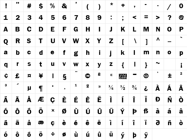 Frankfurt Bold  glyph index