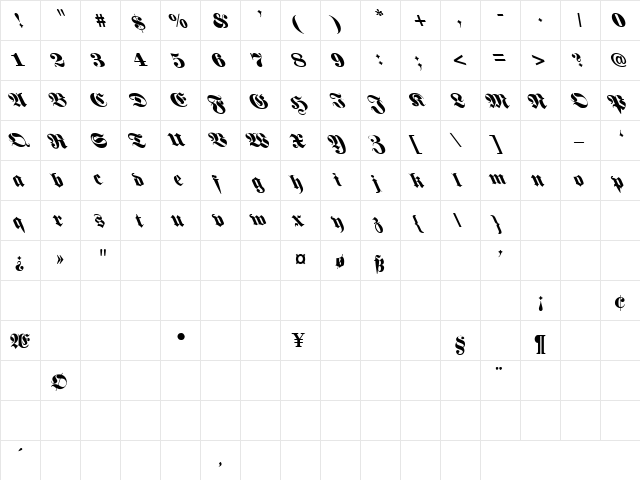 Golf 1 Regular  glyph index