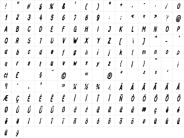InkbleedCondensed Oblique  glyph index
