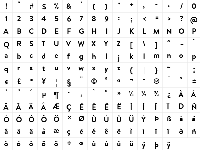 Brandon Text Bold Regular  glyph index