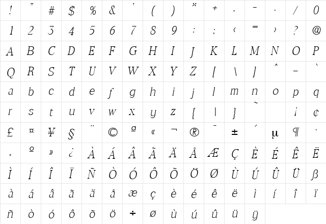 Toledo-Serial-ExtraLight RegularItalic  glyph index