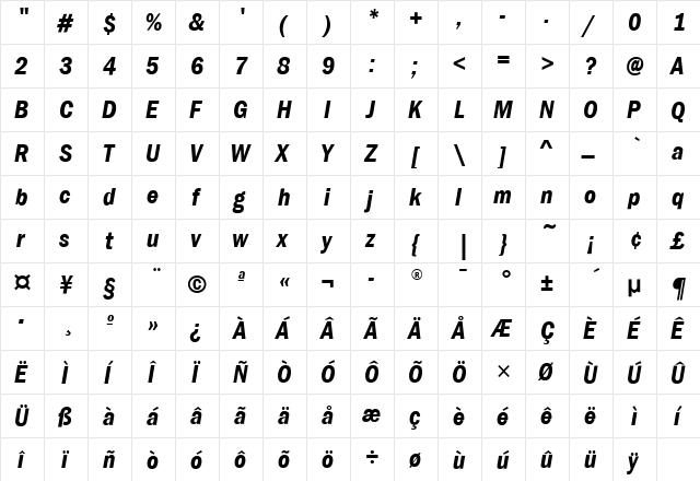 FranklinGotCdITC Demi Italic  glyph index