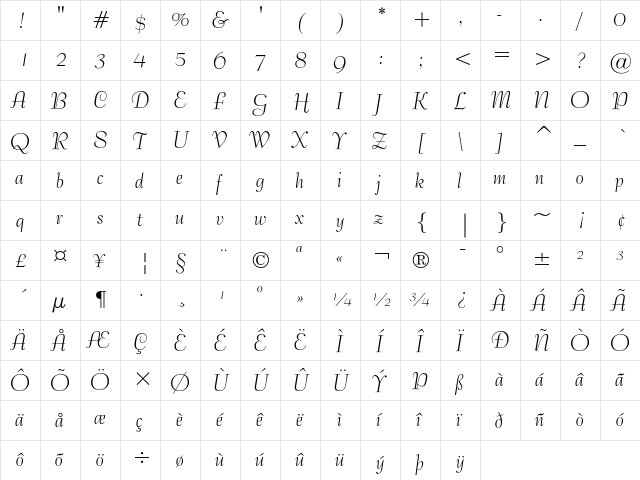 Bernhard Tango Regular  glyph index
