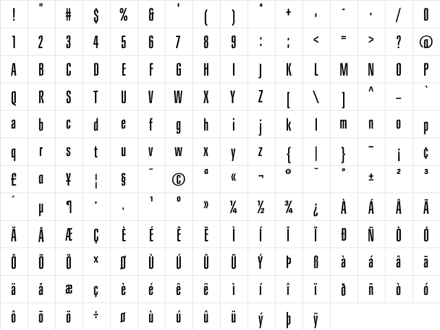 LanceCondensed Medium  glyph index