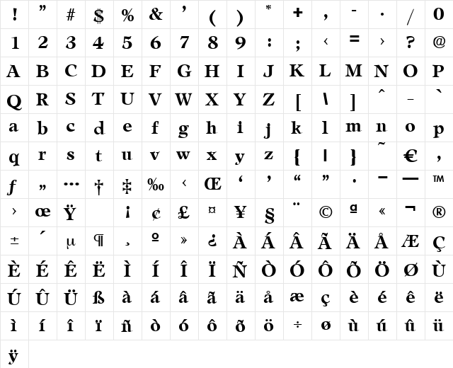 Leamington-Bold Regular  glyph index