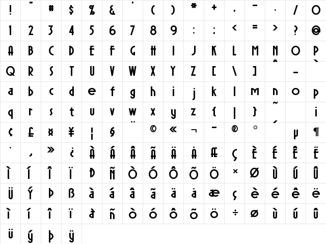 Sierra Madre Bold  glyph index