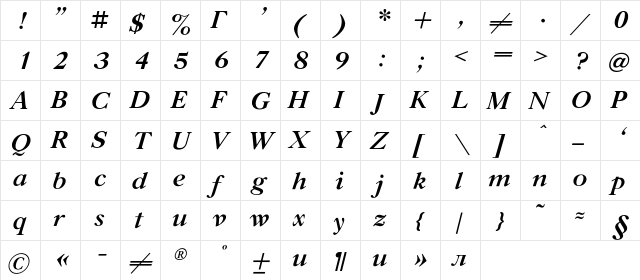 GazetaTitulC Bold Italic  glyph index