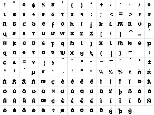 Minska Bold ITC TT Regular  glyph index