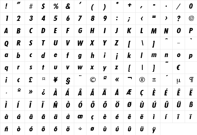 Limerick-DemiBoldCondIta Regular  glyph index