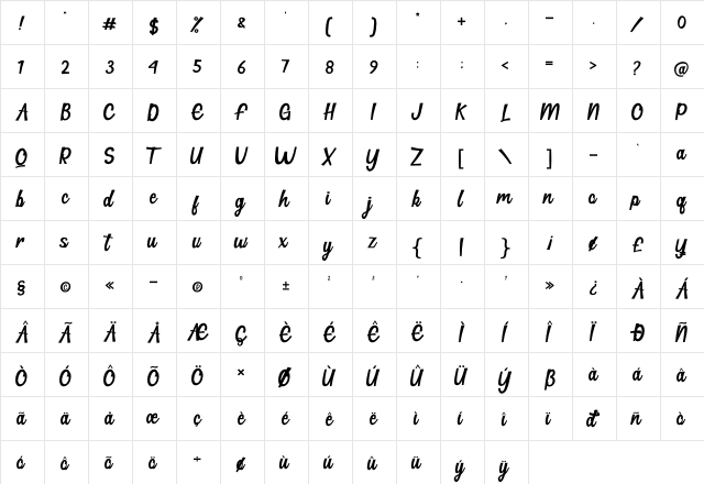 Hillton Regular  glyph index