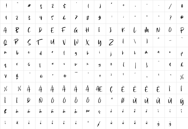 Summer Rose Regular  glyph index