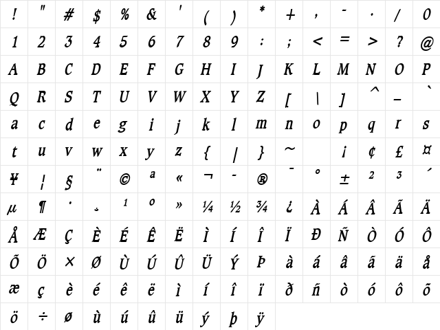 Clayton-Condensed Bold Italic  glyph index