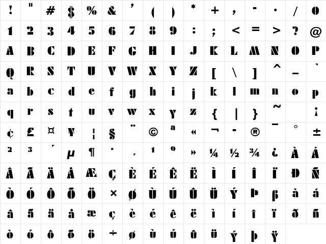 Army Black Regular  glyph index