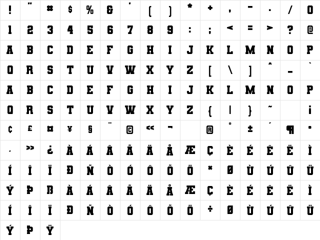 Varsity Team Bold  glyph index