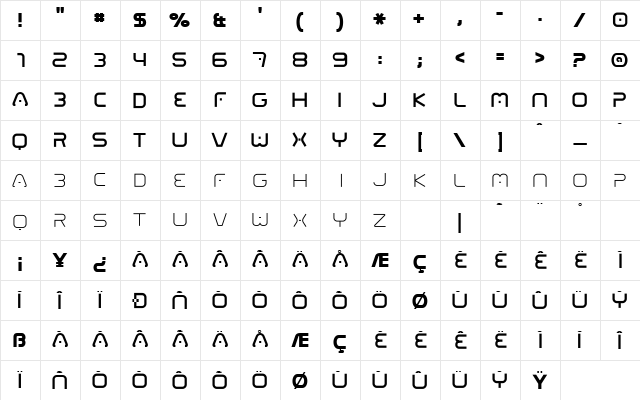 01 Digitall Regular  glyph index