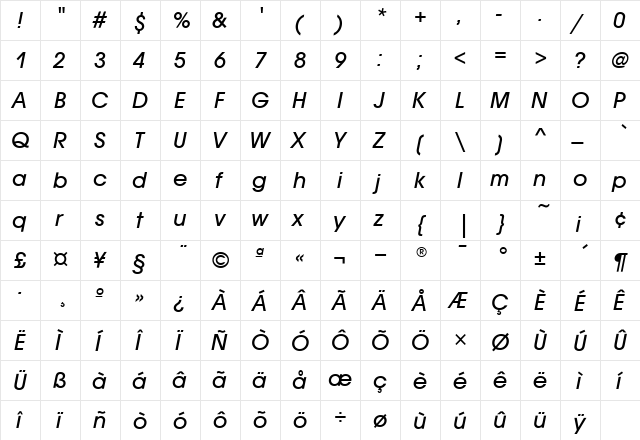 AvantGardeMdITC Italic  glyph index