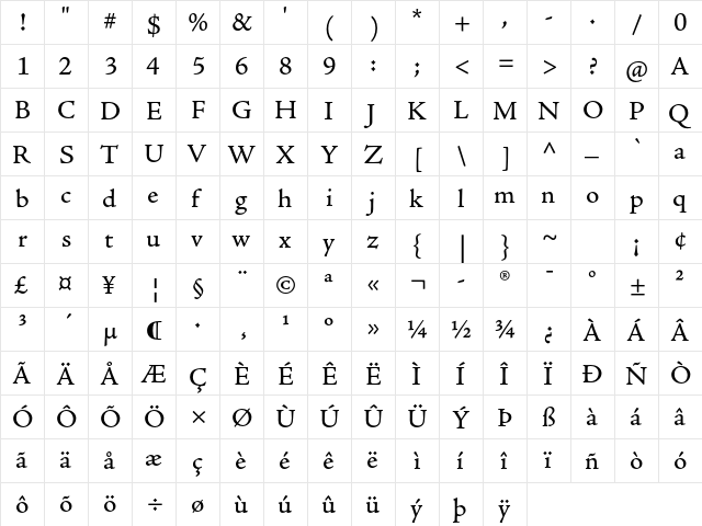 Adobe Jenson Pro Caption  glyph index