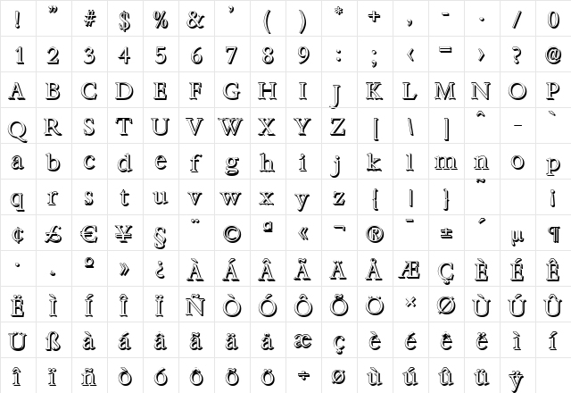 BernsteinShadow-Light Regular  glyph index