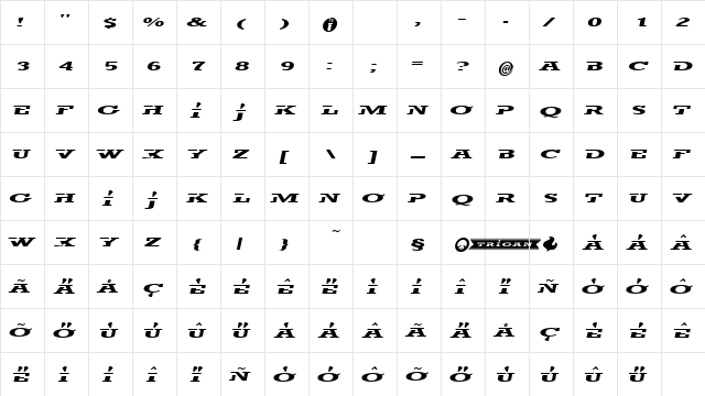 trigan Italic  glyph index