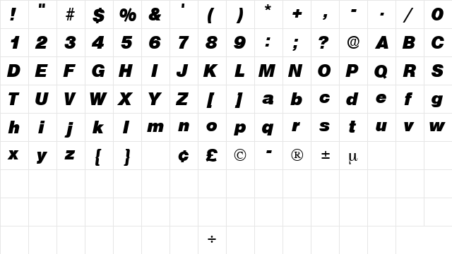 ChoqueDisplaySSK Bold Italic  glyph index