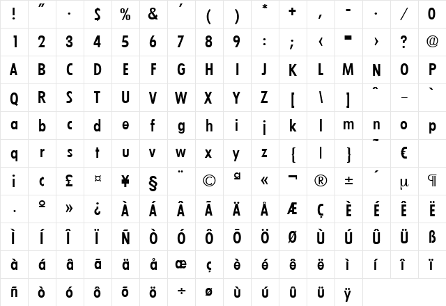 Limerick-MediumCond Regular  glyph index