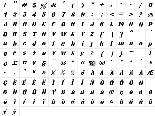 StencilSansExtrabold Italic  glyph index