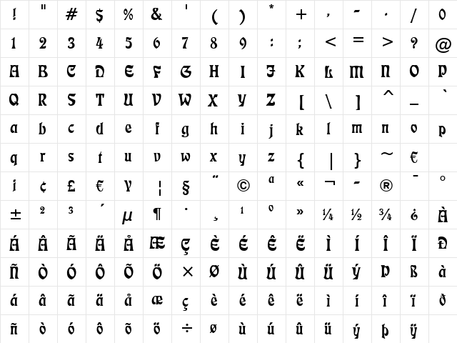 Freefrm710 BT Regular  glyph index