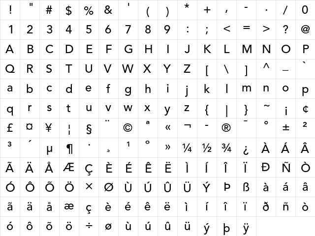 Avenir 65 Medium  glyph index