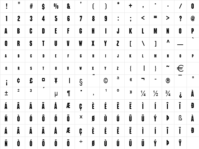 BlockCondensed Bold  glyph index