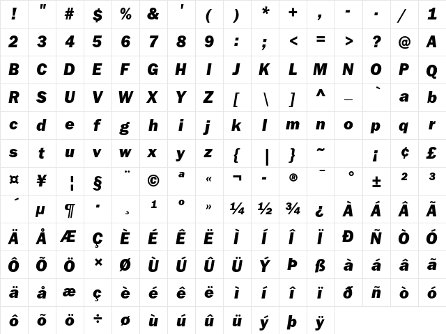 ITC Franklin Gothic Std Heavy Italic  glyph index