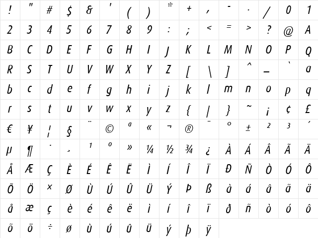 DaxCondensed-RegularItalic Regular  glyph index
