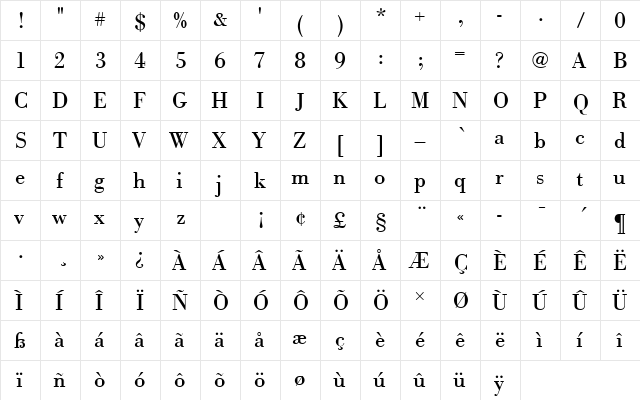 BodoniAntTRegRo1 Regular  glyph index