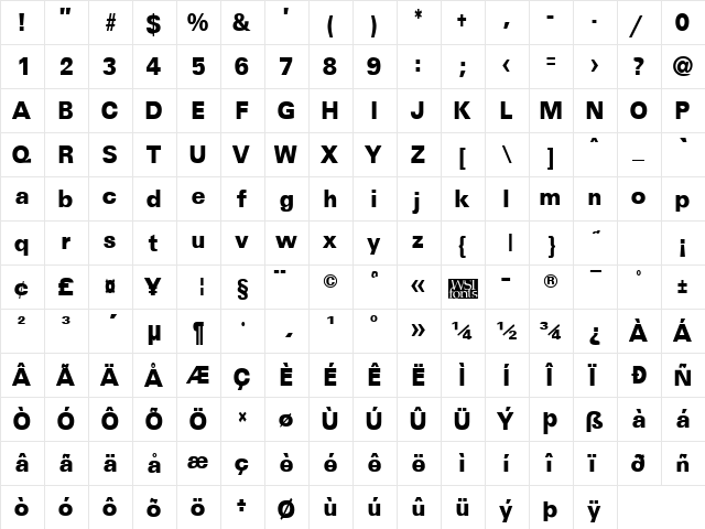 UniversalCondBlack Regular  glyph index