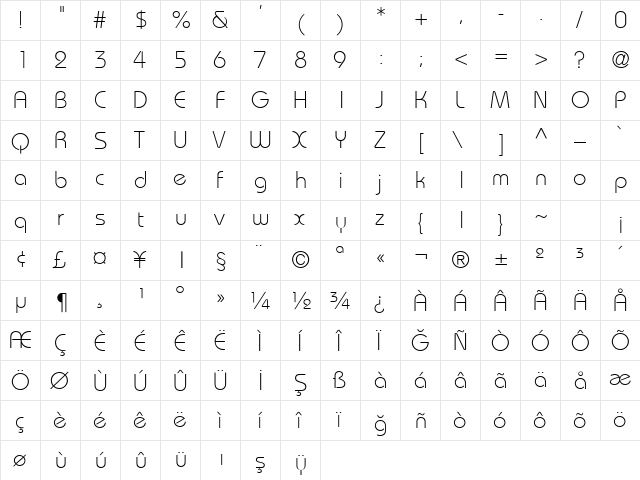 Bahamas Light Plain  glyph index